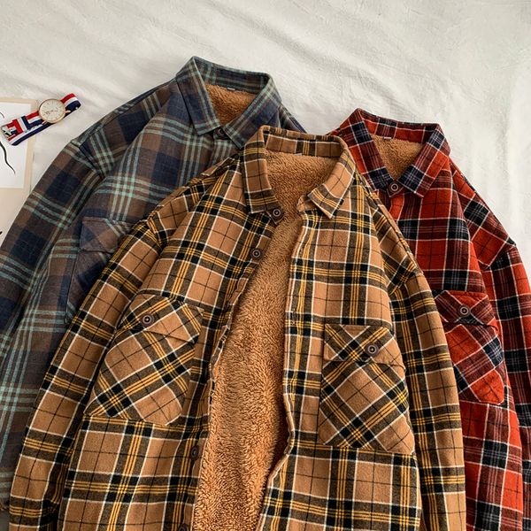 

winter thicken vintage men shirt lattice loose casual yellow shirt men long sleeve korean mens clothing large size new bb60ncs, White;black