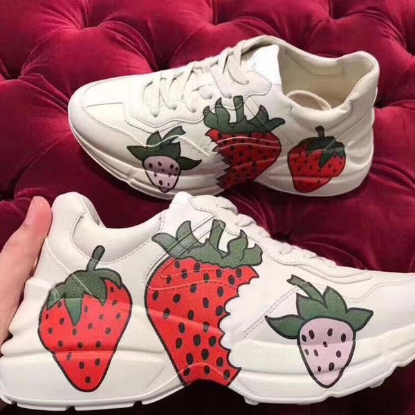 

women's rhyton sneakers with strawberry designer shoes genuine leather sneaker trainer mouth tiger print old dad shoes with box, Black