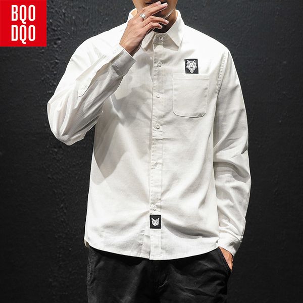 

bqodqo cat embroidery white long sleeve shirt men black cotton korean fashions shirts male streetwear autumn casual blouse, White;black