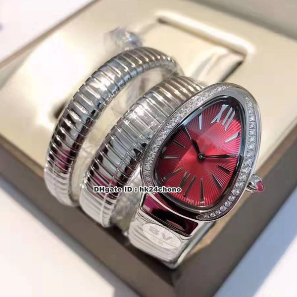 7 Style BVF-Uhren 35 mm Schweizer Quarz-Damenuhr 102682 SP35C9SDS.2T Diamantlünette Rotes Zifferblatt Edelstahl-Armband Damenarmbanduhren