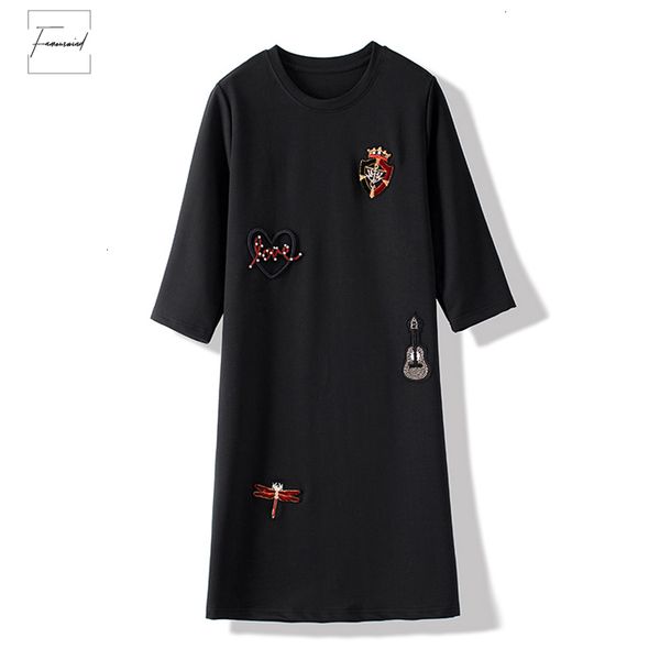 

handmade dress badge appliques women casual dresses beading cotton long shirt women black loose dress summer vestido, Black;gray