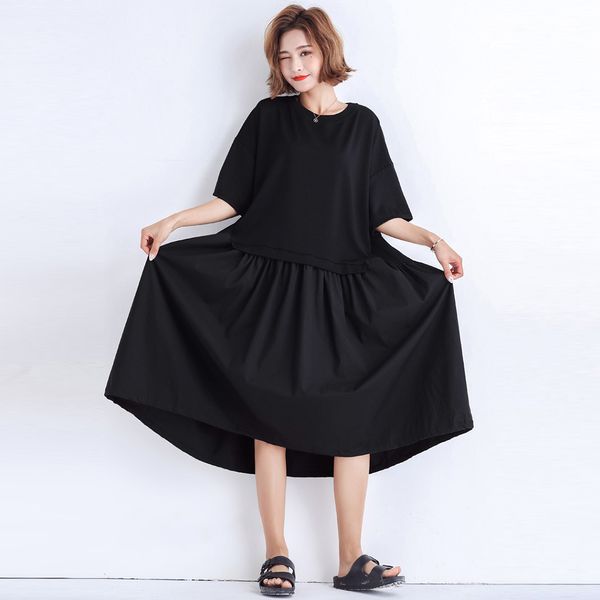 

johnature new casual korean solid color loose summer dress for women o-neck half sleeve patchwork simple pullover dresses 2019, Black;gray