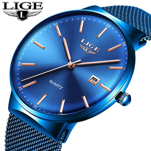 Relogio Masculino New Mens Relógios LigE Top Marca Luxo Moda Relógio Magro Malha Data impermeável relógio de quartzo para homens relógio azul Y19051403