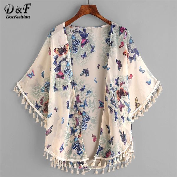 

dotfashion butterfly print fringe trim kimono womens and blouses 2019 summer casual beachwear short sleeve kimonos, White
