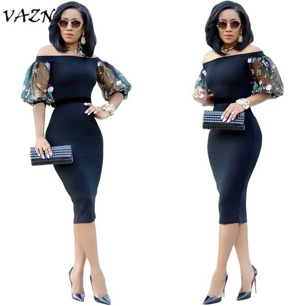 

vazn novelty design style women dress solid slash neck lace half sleeve bodycon midi dress vestido a3003, Black;pink