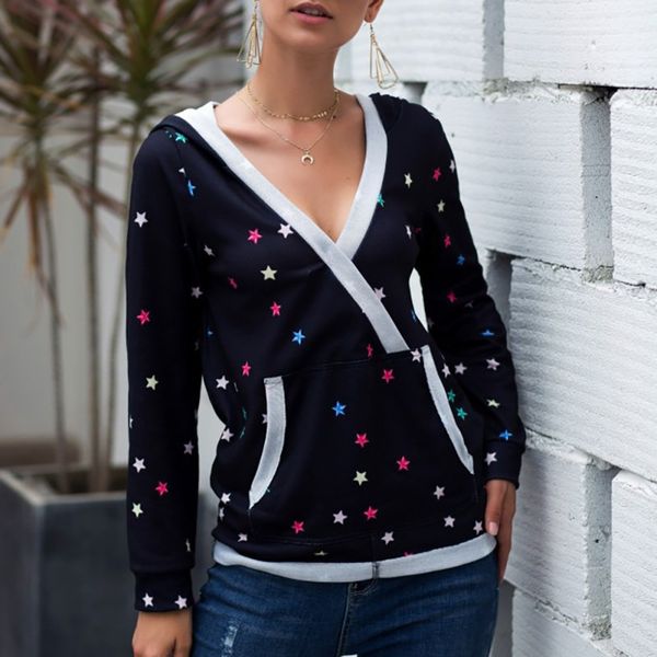 

2019 women long sleeve hoodies stars print shirt deep v-neck print pocket pullover shirts, White
