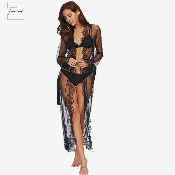 

eyelash trim sleepwear lace plus size mesh robe with belt black long sleeve ankle length kimono women, Black;red