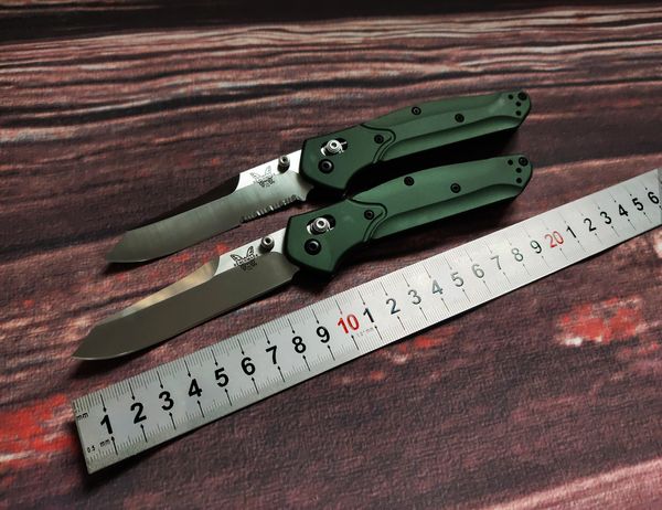

Benchmade 940 Osborne складной нож 3.4" S30V Satin Plain Blade, фиолетовый анодированный распорный Титан,зеленые алюминиевые ручки