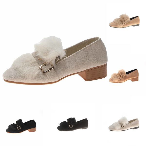 

2020 new women s vintage casual leather mid-heeled shoes with fluffy feather brown black gray outdoor walking shoes main7