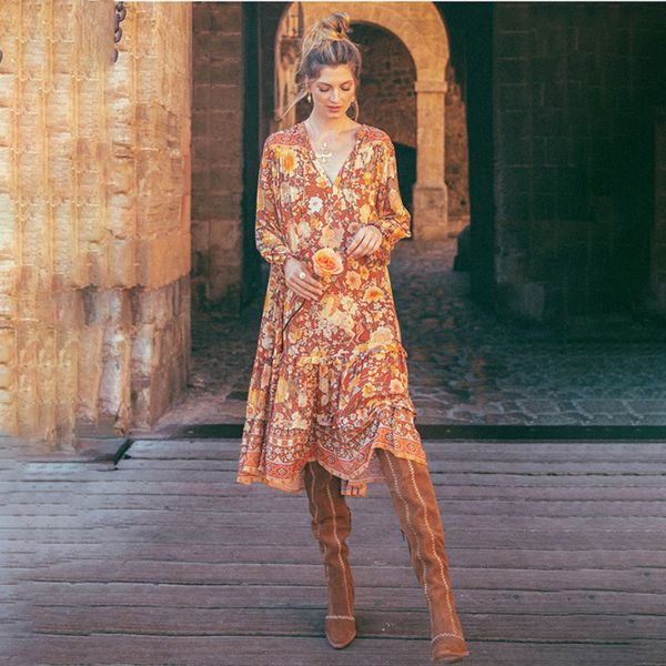 

good quality flower print dresses deep v neck hippie printing dress new 2020 casual long sleeve women loose orange dress, Black;gray