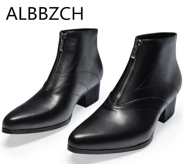 

new mens genuine leather ankle boots high heels autumn winter snow boots pointed toe zip height increase wedding dress shoes men, Black