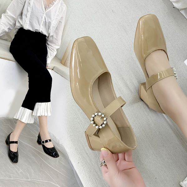 

vintage mary jane shoes for women fashion chunky heel patent leather high heels, Black