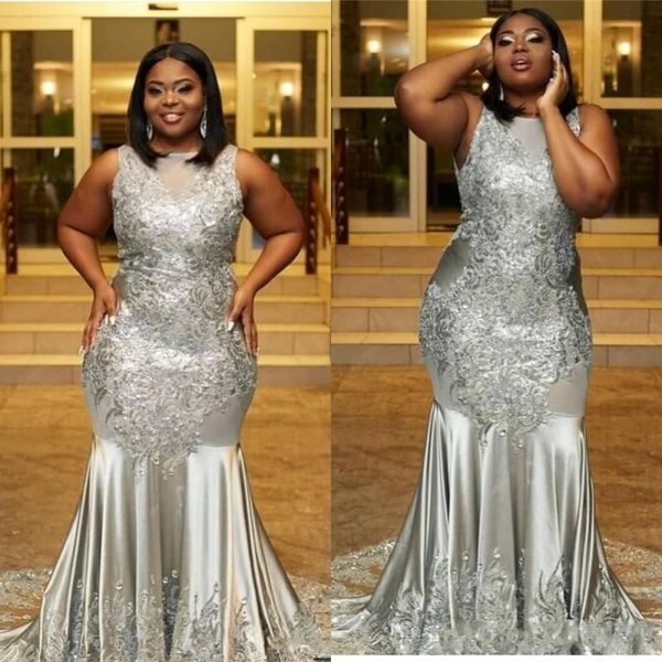 

silver plus size prom dresses jewel neck lace appliques sleeveless mermaid formal evening dresses sweep train fashion cocktail party gowns, Black
