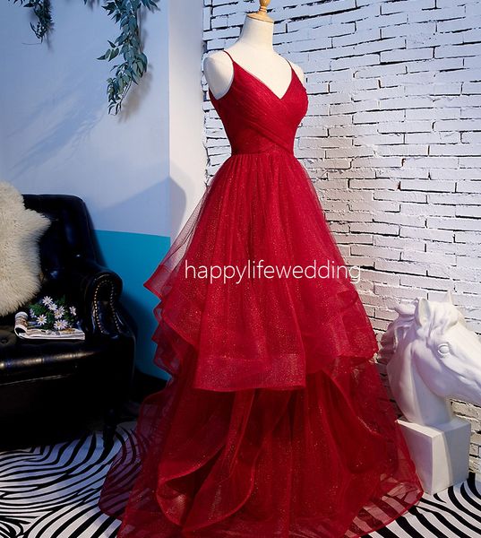 

бургундия пром платья церемонии bling тюль многоуровневого рябить pleat v neck спагетти ремень длинные партии вечерние вечерние платья, Black