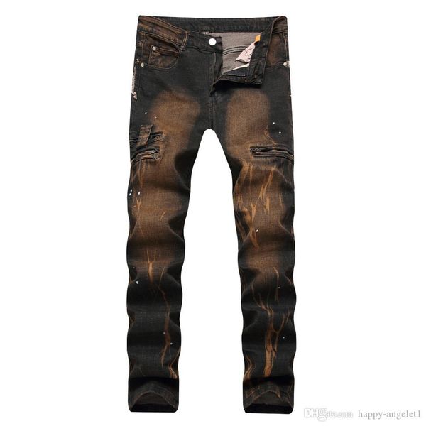

fashion hi-street mens yellow ripped biker jeans pants slim fit distressed motocycle denim joggers man streetwear jean trousers, Blue