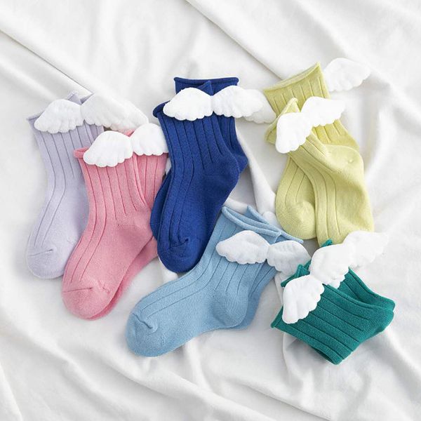 

angel wings baby socks spring solid color cute children boys and girls 1-12 years old cotton non skid socks sweat absorb, Pink;yellow