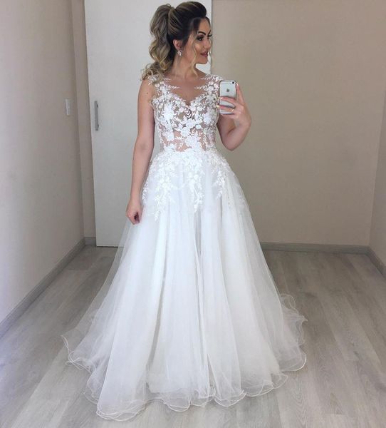 

сказочные свадебные платья 2020 sheer шеи поезд стреловидности линия иллюзия лиф аппликациями сад страна плюс размер свадебные платья свадеб, White