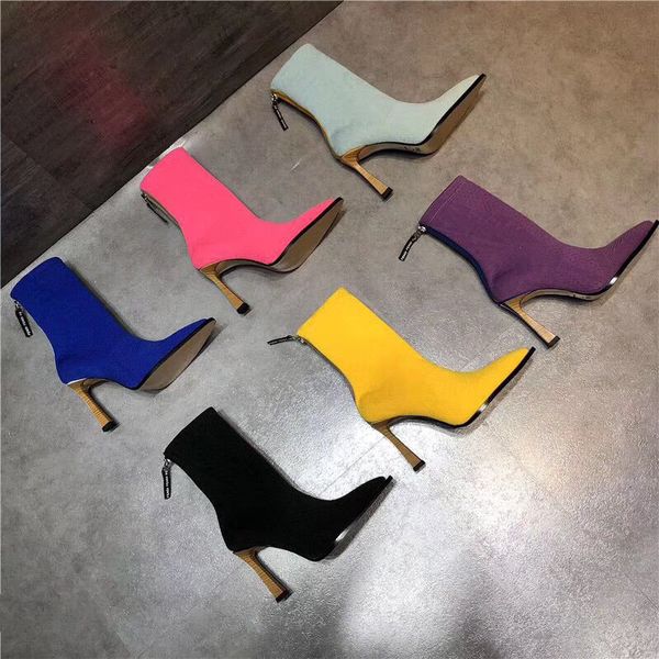 

женщины конструктор тонкий каблук вязание toe остроконечные mid теленок ботильоны девушки скользят по stretch zip martin трикотажное повседн, Black