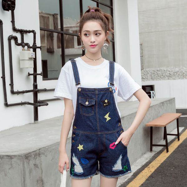 

new women denim playsuits salopette straps cotton short romper loose hole casual overalls shorts rompers ladies playsuit, Black;white