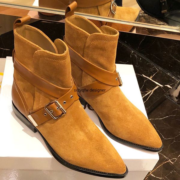 

cow suede belt buckle decor ladies boots winter slip-on ankle boots square heel women short pointed toe shoes, Black