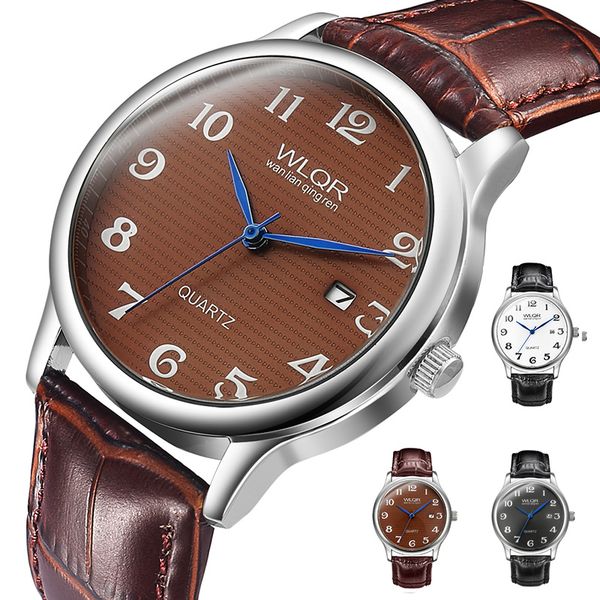

men's watch business men watch leather date 30m waterproof male watches brown black white gift for men relogio masculino, Slivery;brown