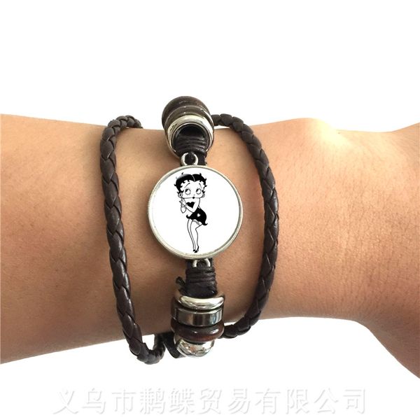 

classic cartoon charm leather bracelet black/ brown 2 color leather cords 20mm glass dome bangle gift for betty boop funs, Golden;silver
