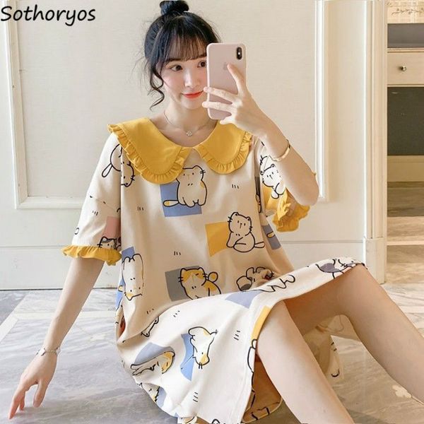 

nightgowns women short sleeve summer kawaii sleepwear leisure korean style elegant students loose homewear womens trendy chic, Black;red