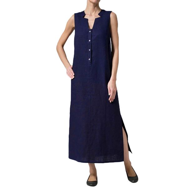 

women dresses summer women summer sleeveless button solid sundress casual linen tunic maxi long dress vestidos ing, Black;gray