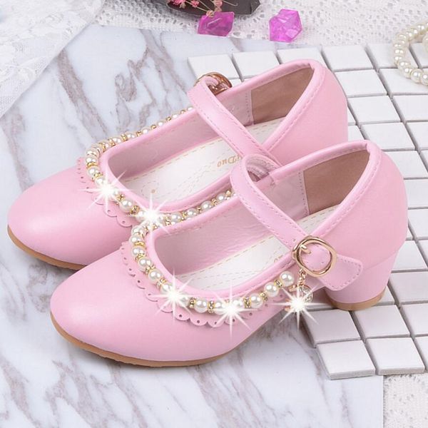 

children elegant princess sandals kids girls wedding pu leather shoes high heels dress party beaded shoes for girls pink white, Black;grey