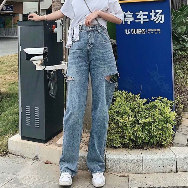 

ripped hole fashion jeans women high waist loose blue denim pants washed vintage bleached boyfriend jeans for women