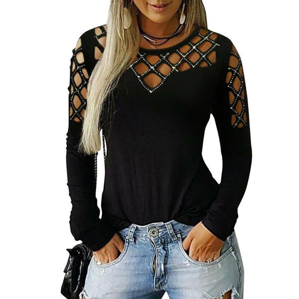 

casual outwear fashion cotton blend slim hollowed out with rhinestone crew neck autumn solid long sleeves women t shirt, White