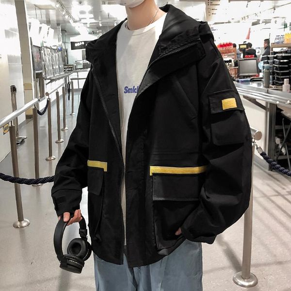 

четкий 2020 весна осень большой карман cargo куртка мужчины вскользь пальто мужчины ветровка hip hop streetwear с капюшоном куртки, Black;brown