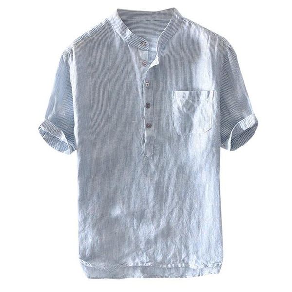 

2019 new spring men's baggy stripe cotton linen short sleeve button pocket shirts blouse m-3xl camisas hombre manga larga #30