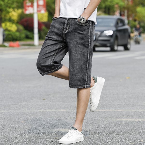 

2019 summer loose-fit greyish black straight wide-leg elasticity large size knee-length denim shorts men's 28-44jeans short, Blue