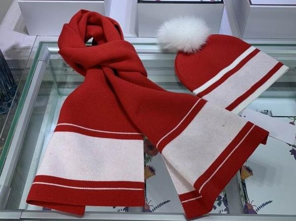 

2020 cotton knitting wool red white strips scarf and hat set women's winter warm hats with box, Blue;gray