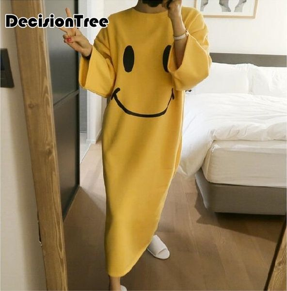 

2019 cartoon yellow smiling face sleepdress women long nightdress nightgowns cotton female sleepwear homewear, Black;red