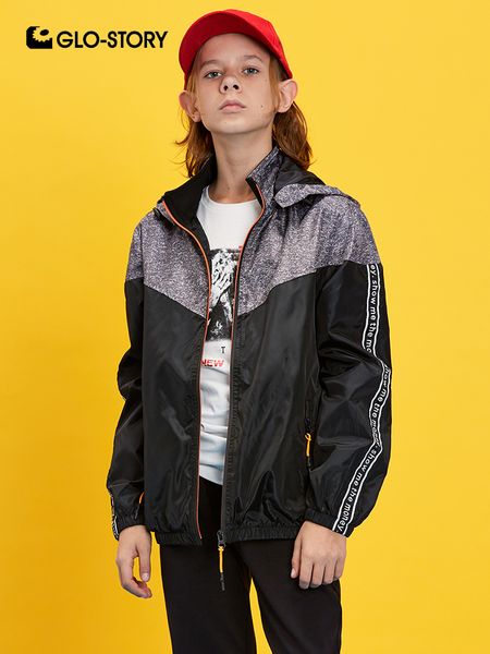 

glo-story 2019 spring kids thin patchwork hooded jacket windbreaker for boy children's jackets coat with zipper 110-160 bfy-7785, Blue;gray