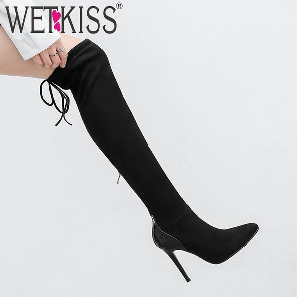 

wetkiss over the knee stretch boots women stiletto heels boot female pointed toe shoes ladies fashion party shoes winter 2020, Black