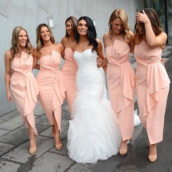 

2019 Spring Strapless Bridesmaid Dresses Tea Length Pink Mermaid Evening Dresses Maid of Honor Gowns For Summer Wedding Guests