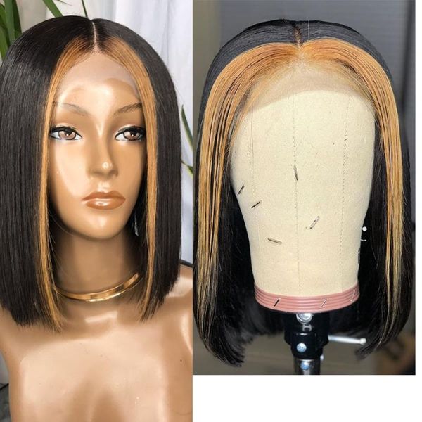 

highlight blonde 13x6 lace front human hair wig with baby hair brazilian straight bob for black women remy natural hairline, Black;brown