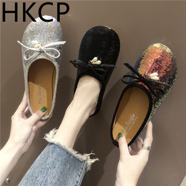 

hkcp 2019 new summer fashion outside wearing baotou slippers female korean version of casual flat - bottom sequins female c282, Black