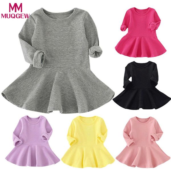 

spring autumn candy color cotton baby girl dresses long sleeve solid princess dress bow-knot o-neck toddler kids pleated dresses, Red;yellow