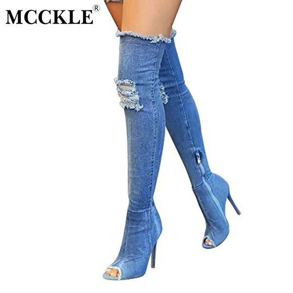 

mcckle female ripped peep toe tight slim denim zip elastic high heel over the knee boots 2017 women's fashion style black shoes