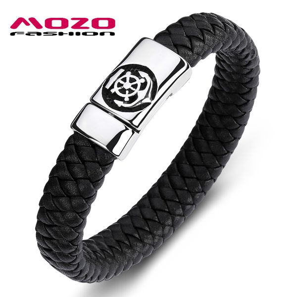 

fashion classic men bracelet black leather stainless steel buccaneer magnet buckle bracelet man anchor punk jewelry ps2083, Golden;silver