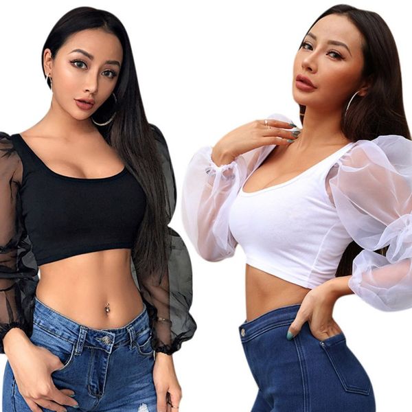 

short mesh long sleeve patchwork t-shirt summer solid color street navel short sleeve top, White
