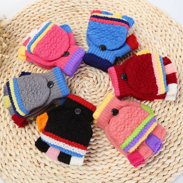 

kids knitted flip gloves boys girls half finger glove students winter warm writting mittens patchwork color knit gloves christmas gift, White