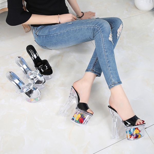 

fashion 15cm 17cm nightclub high heels women flower thick heel casual slippers shoes platform transparent dancing sandals tws081, Black