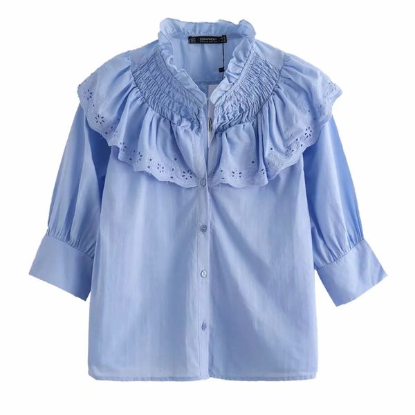 

casual woman embroidery cascading ruffle shirt 2020 new fashion ladies three quarter sleeve blouse loose s7271, White
