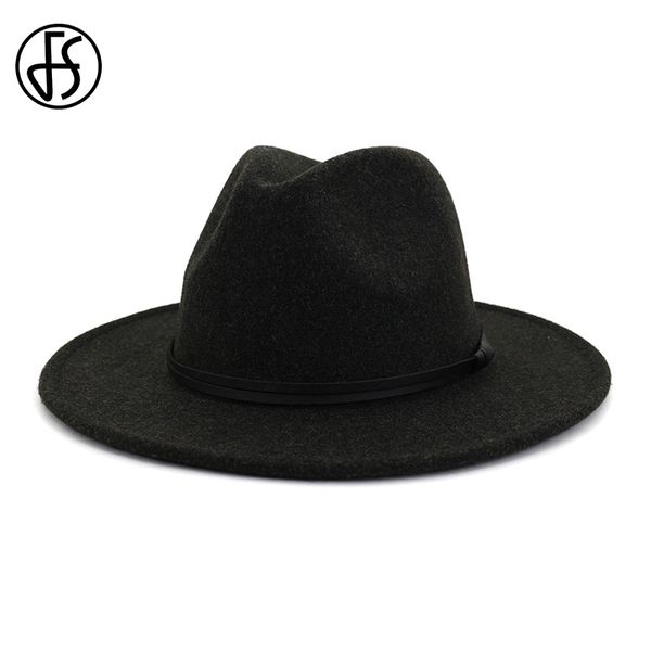 

fs vintage men wool hat wide brim spring women dress bowler hats with leather belt black purple sombrero fedora hombre, Blue;gray