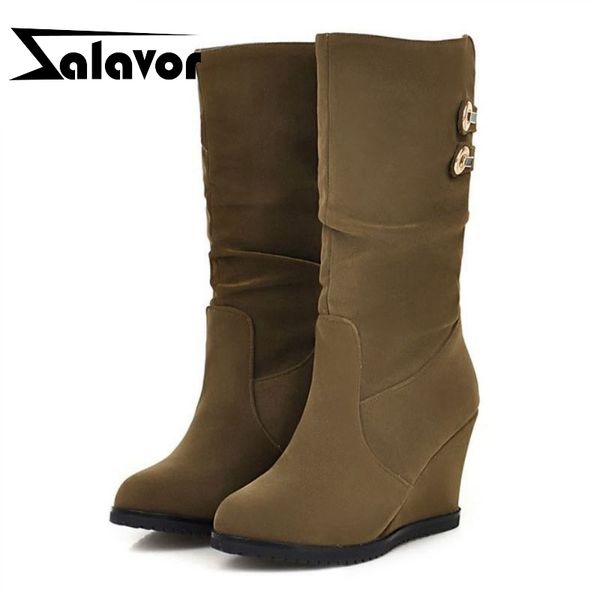

zalavor woman 2020 winter mid calf boots round toe casual outdoor boots buckle wedges footwear botas size 34-39, Black